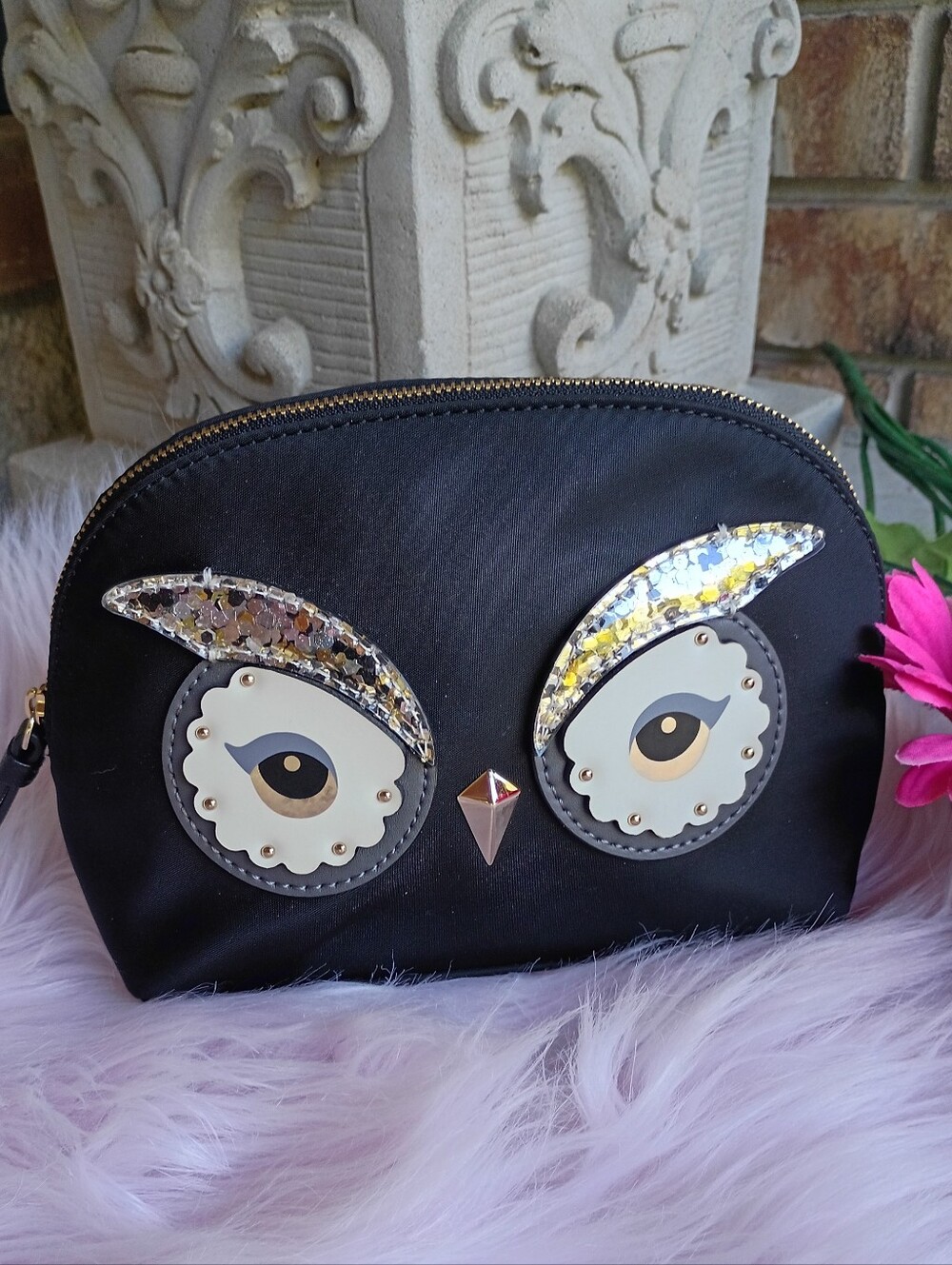 Kate Spade Star Bright Metallic Owl Small Black Marcy Nylon Cosmetic Pouch